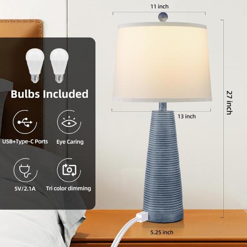 Terpsichore Nightstand Lamp Bedside Lamps Set of 2 Vintage Rustic Farmhouse Table Lamp 3 Way Dimmable Horizontal Stripe Light,Suitable for Living Room Bedroom,with Linen Shade LED Bulb,USB A C Port