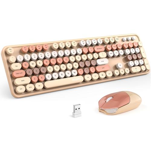 MOFII Wireless Keyboard and Cat Mouse Combo,2.4GHz Retro Full-Size Keyboard with Number Pad and Cute Wireless Mouse for Computer PC Desktops Laptop WindowsxP/7/8/10(Milk Tea Colorful-B)