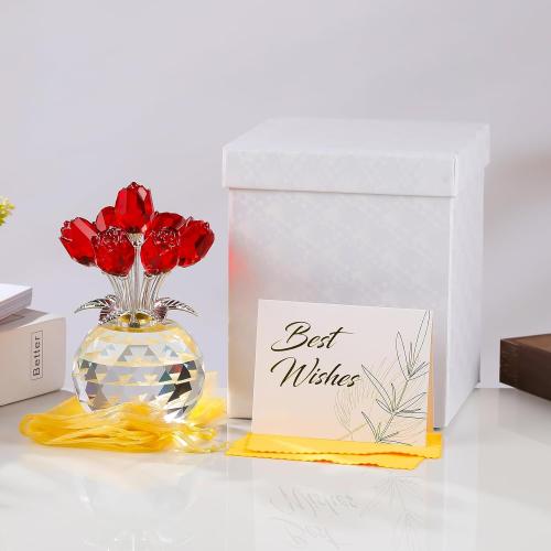 Crystal Red Rose Bouquet Figurine with Round Vase, Glass Rose Flower Romantic Gifts for Women Mom on Birthday, Collectible Decoration Table Centerpiece for Home