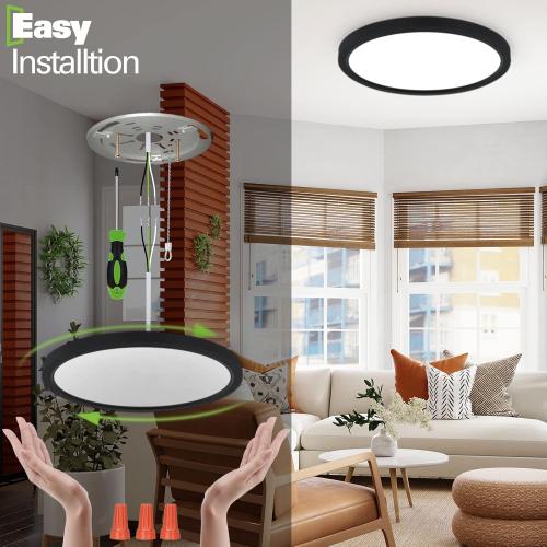 hykolity 18 Inch LED Round Flat Panel Light, Black, 32W, 3200lm, 3000K/4000K/5000K CCT Selectable, 120°Beam Angle, Dimmable Edge-Lit Flush Mount Ceiling Light Fixture - ETL Listed