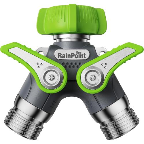 RAINPOINT 2 Way Garden Hose Splitter | Heavy Duty Water Spigot Splitter with Shutoff Valves, 100% Metal Body, 1.9 Extra Long Metal Handle, 3/4 GHT Thread