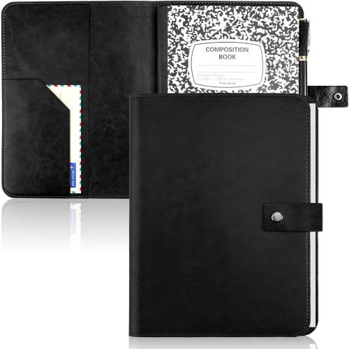 SKLENICE PU Leather Composition Notebook Cover 9 3/4 X 7 1/2 in With Composition Book 100 Sheets Vintage Rustic Distressed PU Leather Journal Notebook Cover Portfolio For School Office Home (Black)
