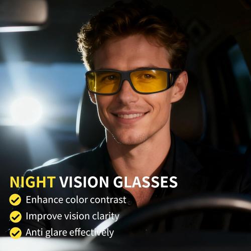Night Vision Glasses for Driving - Wrap Around Fit Over Glasses for Men Women Anti Glare Polarized HD Yellow Lens