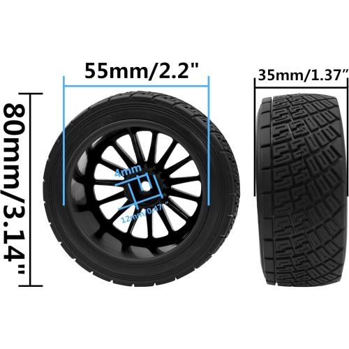 80mm/3.14 Rubber Tires & Plastic Wheel Rims 2.2 Inch 12mm Hex Hub Compatible with 1/10 HPI WR8 Off-Road Rally 1/14 WLtoys 124019 144001 1/16 Redcat Volcano RC Buggy (Black)