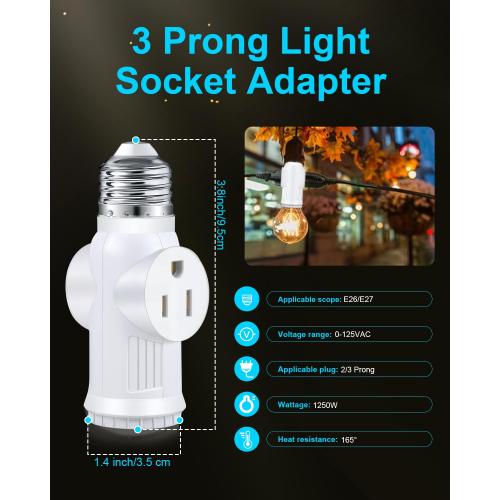 Light Socket to Plug Adapter, Convert E26 to 3 Prong Outlet and Light Bulb Socket, Polarized, for Garage Porch(White, 2)