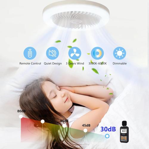 Socket Fan Light with Remote,E26/E27 Screw-in Small Ceiling Fan,Dimmable 3000K-6000K LED,3 Speeds,Low Profile Fixture for Bedroom Kitchen Garage-White