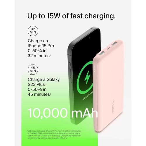 Belkin Portable Charger, USB-C Power Bank 10000 mAh w/ 1xUSB-C & 2xUSB-A Ports, 15W w/ Type-C to Type-A Cable for iPhone 16, 16e, Samsung Galaxy S25, Nintendo Switch 2 & More - Rose Gold