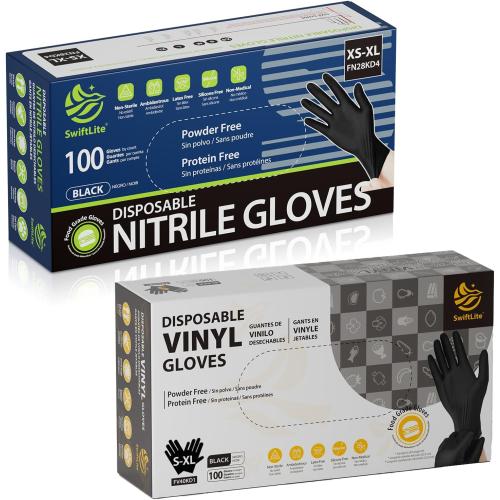 Black Nitrile Gloves & Black Vinyl Gloves, Food Safe Disposable Gloves Latex Free, Rubber Gloves Powder Free for Cooking, Kitchen Cleaning (100, Large)