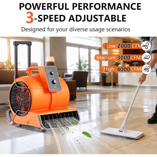 Air Mover 1 HP 4000 CFM Portable Blower Fan Carpet Dryer, Floor Dryer Fan | 3-Speed, 3 Adjustable Angles, Timer, Stackable, Air Mover Blower Fan for Janitorial, Home, Plumbing, Commercial, ETL Listed
