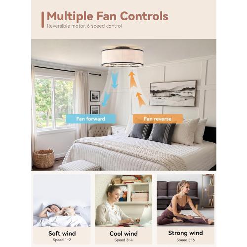 Low Profile Ceiling Fans with Lights, 20 Black Boho Ceiling Fan with Light Flush Mount and Remote Control, Drum Caged with 6 Speeds for Bedroom, Nursery, Living Room