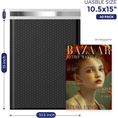 Fuxury Bubble Mailers 10.5x16 Inch 50 Pack Self Seal Padded Envelopes Waterproof Mailing Envelopes Bubble Padded Cushioning Padded Mailers Bubble Bags for Packaging Small Business Large #5 Black