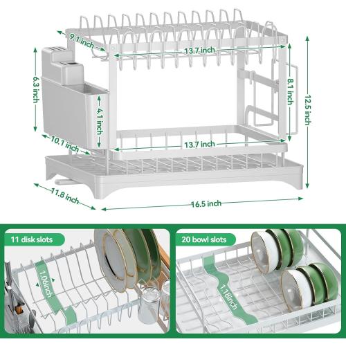2-Tier Dish Drying Rack with Drainboard, Sink & Countertop Metal Dish Rack Organizer, Dish Drainers for Kitchen Counter, White Dish Racks