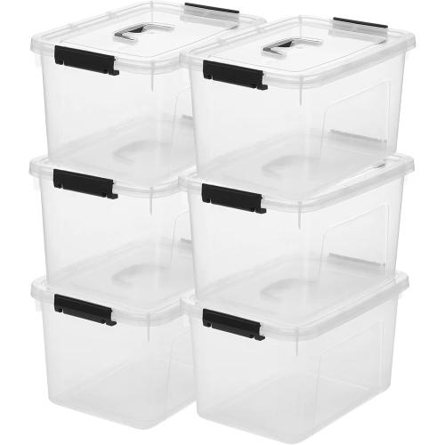 Clear Storage Latch Box 12 Quart, Plastic Organizing Box/Bin with Lid and Black Handles, 6-Pack