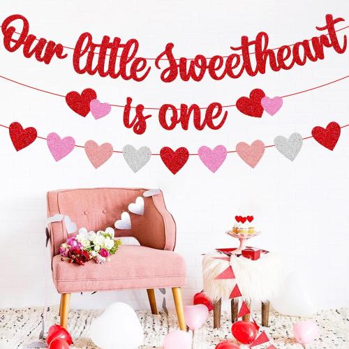 Our Little Sweetheart is One Banner Heart Garland for Kids Valentines Day 1st Birthday Party Decorations Romantic Red and Pink Glitter Party Supplies