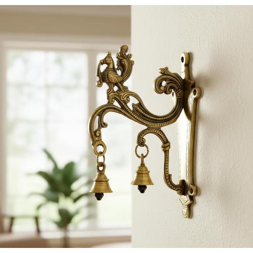 eSplanade Brass Wall Bracket Wall Hanger for Hanging Diya Lamp | Wall Decor | Peacock with Bells - 8.5 Inches