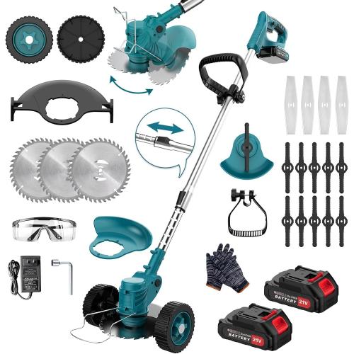 Electric Weed Wacker with 21V High-Power Motor, 3-in-1 Blades & Adjustable Telescopic Pole – Cordless Grass Trimmer with Wheels & Debris Shield String-Trimmers