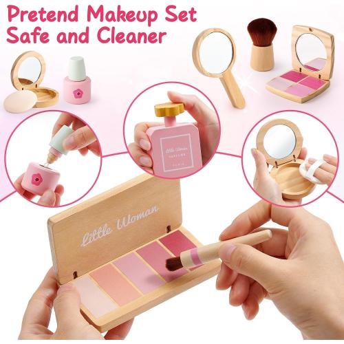 Lonico Wooden Makeup Toy Set for Girls Pretend Play Makeup Kit for Toddlers 3-5 with Eyeshadow/ Mascara/ Perfume/ Blush/ Mirror/ Bag, Birthday Gifts for Girls Toys Kids Aged 3 4 5 6 7 8