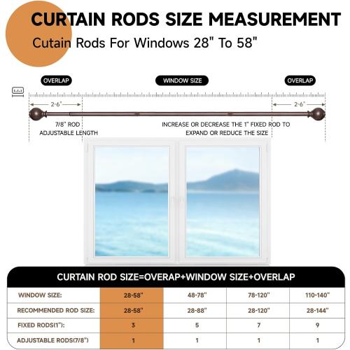 Wood Curtain Rods for Windows 28 to 48 Inches,1 inch Heavy Duty Window Curtain Rods with Imitation Wood Grain Finials,Decorative Drapery Rods Adjustable, 28-58(2.3-4.8ft), Bronze Wood