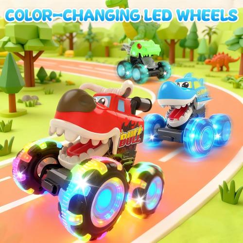 Monster Truck Toys, 3 Pack Light Up Cars for Toddlers, Baby Animal Toy Trucks Dino Cars with LED Lightning Wheels, Press & Go Car with Moving Mouth for Kids Boys Girls Christmas Birthday Gifts