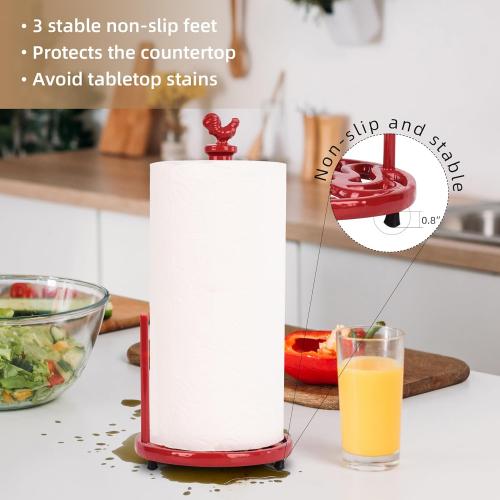Vintage Rooster Paper Towel Holder - Easy One Handed Tear Cast Iron Roll Paper Towel Dispenser Countertop, Red