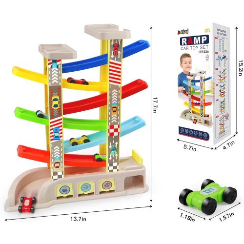Montessori Toys for 2 3 Year Old Boys Toddlers, Car Ramp Toys with 6 Cars & Race Tracks, Garages and Parking Lots, Ramp Racer Toy Gift for Boys Girls Age 18 Months and Up, Multicolor