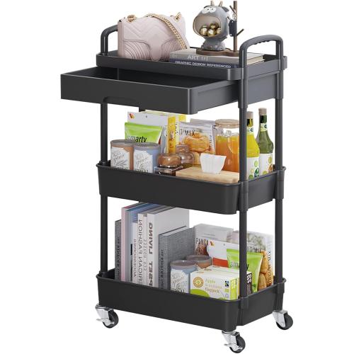 Black Calmootey 3-Tier Rolling Utility Cart with Drawer,Multifunctional Storage Organizer with Plastic Shelf & Metal Wheels,Storage Cart for Kitchen,Bathroom,Living Room,Office,Black