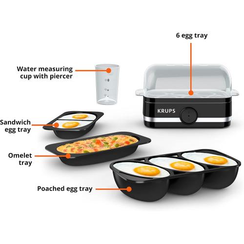 KRUPS: Simply Electric Plastic and Stainless Steel Egg Cooker 6 Eggs 400 Watts Hard, Medium, and Soft Boiled, Poached, Scrambled, Omelets, Rapid Cook Black