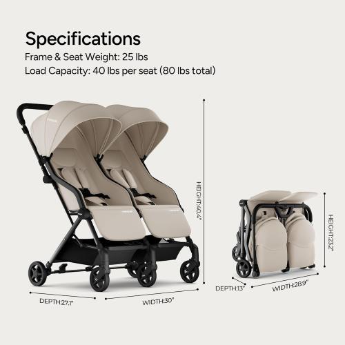 Mompush Lithe Double Stroller for Infant and Toddler, Lightweight Side by Side Twin Stroller, Only 25 lbs, 30-Inch Slim Fit Through Doorways, One-Step Fold, Independent Recline, UPF 50  Canopy