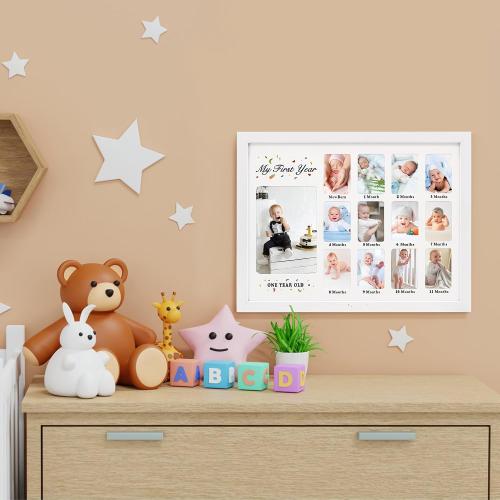 GMFrames Baby First Years Photo Frames 12 Month Picture Frame 12 * 16 for Holds (1) 5x7 & (12) 2x3 Wallet Size Photos White