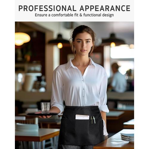 Syntus 3 Pack Server Aprons with 3 Pockets, Waterdrop Resistant Waitress Waiter Waist Apron, 11.5-inch Black