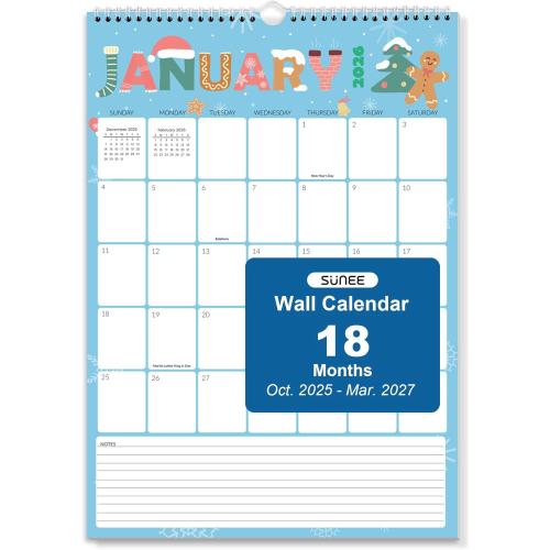 SUNEE Calendar 2026 18 Months Wall Calendar Oct. 2025 - Mar. 2027, 12x17 Big Hanging Calendar 2026 with Note, Past Month and Next Month for Organizing & Planning, Cute