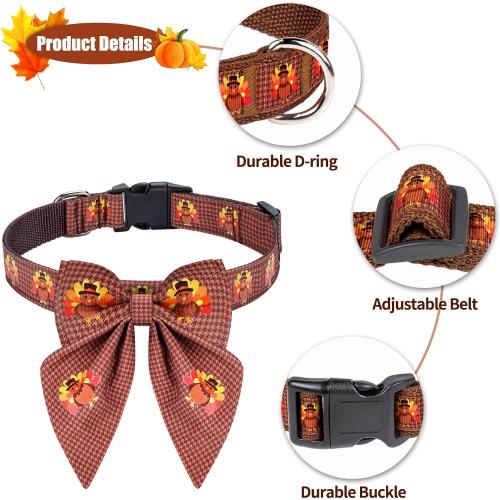 Malier Thanksgiving Dog Collar with Bow tie, Adjustable Bowtie Trukey Collars for Girl and Boy, Cute Holiday Puppy Collars for Small Medium Large Dogs Cats (Thanksgiving Day, Large)
