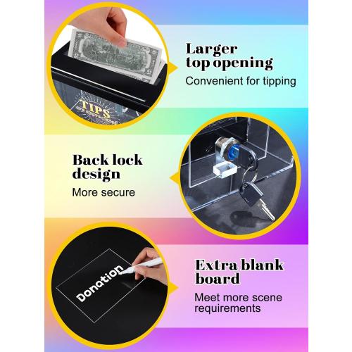 Light Up Tip Jar for Money - Acrylic Donation Ballot Box for Bartender with 2 Sign Holders, Re-mote, LED Light, Lock- Suggestion Box Tip Box for Restaurants Musicians Voting Charity, USB Powered