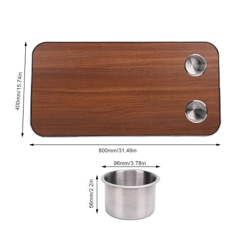 RV Table Top, Boat Table Top Solid Wood with 2 Stainless Steel Cup Holders for Trailer Motorhome Yacht Boat Deck 800 X 400mm (Brown)