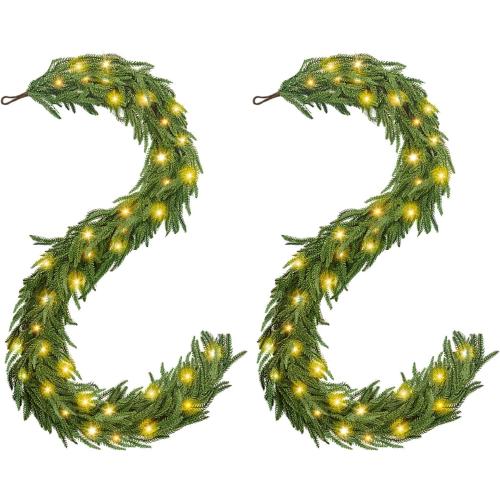 Norfolk Pine Garlands with Light ，Pre-Lit Christmas Garland,Dense Norfolk Pine Real Touch Garlandfor Table, Mantle, Staires, Wall, Premium Indoor/Outdoor Christmas Decorations (2, 6ft)