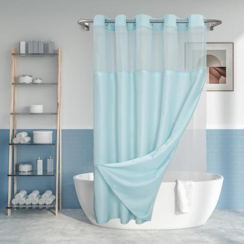 River Dream Extra Long No Hook Slub Textured Shower Curtain with Snap-in PEVA Liner Set - 71 x 86(84), Hotel Style with See Through Top Window, Blue Fabric Curtain & Waterproof Liner, Blue, 71x86