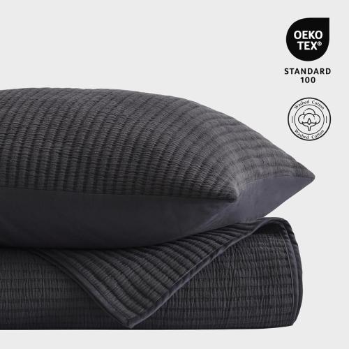 EVERGRACEHOME Cotton Coverlet Set King Size 3 Pieces, Lightweight Soft Ribbed Matelassé Bedspread Quilt Set, Cozy Oversized Quilted Bedding Set with 2 Pillow Shams for All Seasons, Washed Grey/Black