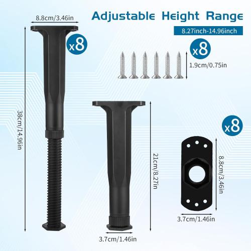 8 PCS Adjustable Height Bed Support Legs 8.27-14.96 Inch Heavy Duty Furniture Replacement Legs with Screws for Bed Frame Slats Sofa Table Cabinet Dresser Chair