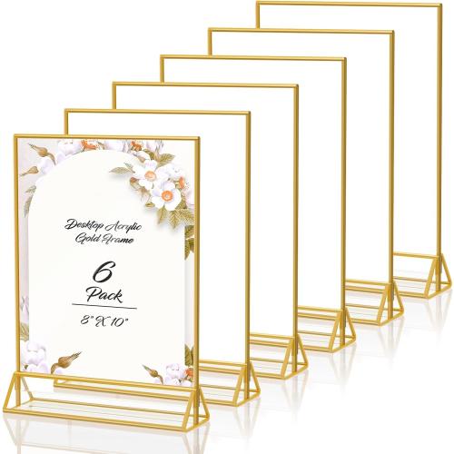 8X10 Gold Frames Double Sided Acrylic Sign Holder Tabletop Picture Frames Vertical Display Stand for Photos Wedding School Home,Set of 6
