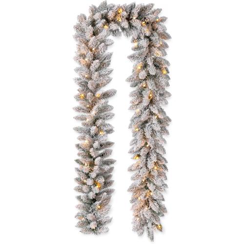 Glitzhome 9ft Christmas Garland for Mantle, Pre-Lit Snow Flocked Christmas Garland with Warm White LED Lights and Timer for Fireplace, Dining Table, Stairs Christmas Decoration