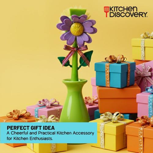 Cute Dish Brush with Stand – Kitchen Discovery – Daisy in a Vase Brightens The Sink Area While Keeping a Kitchen Dish Brush at Hand – Fun Gift for Fans of Cute Cleaning Supplies
