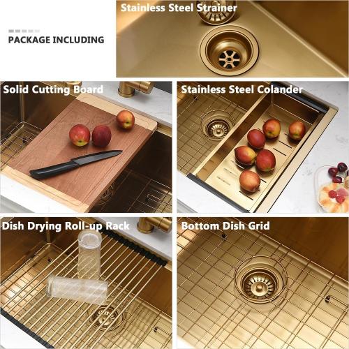 Gold Kitchen Sink Undermount-VASOYO 30x19 Inch Undermount Kitchen Sink Workstation 16 Gauge Brushed Gold Stainless Steel Sinks Under Mount Deep Single Bowl with Cutting Board