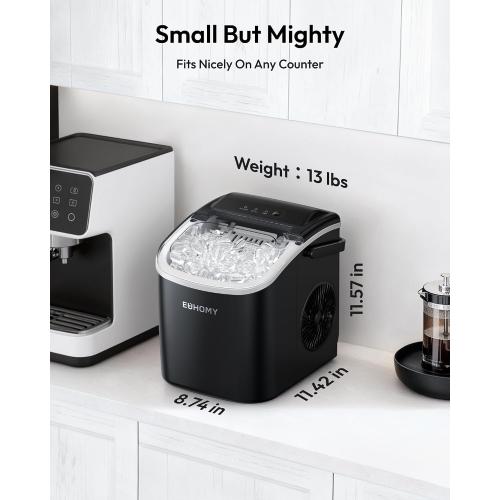 EUHOMY Countertop Ice Maker Machine with Handle, 26lbs in 24Hrs, 9 Ice Cubes Ready in 6 Mins, Auto-Cleaning Portable Ice Maker with Basket and Scoop, for Home/Kitchen/Camping/RV. (Black)