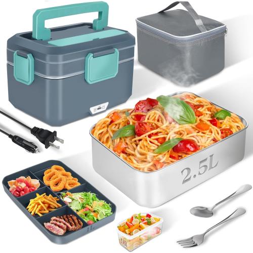 3.5L Super Large Electric Lunch Box Food Heater-Heated Lunch Box for Adults Men With Dual layer(2.5L 304 SS & 1L PP Fruit Container) 90W (12V/24V/110V) lonchera eléctrica portátil for Work/Car /Truck