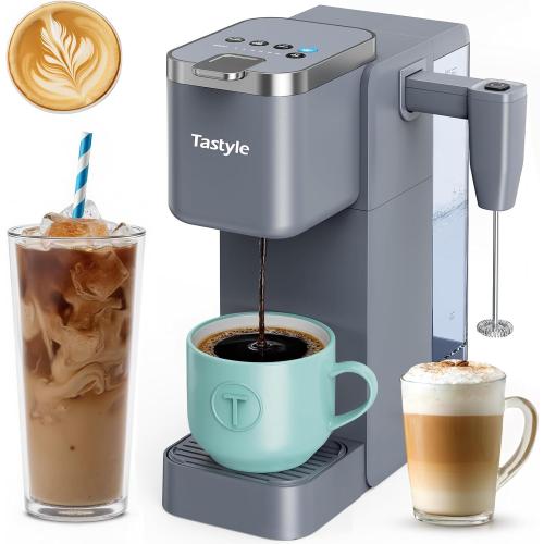 Tastyle Single Serve Coffee Maker with Built-in Detachable Milk Frother, Iced and Hot Coffee Machine for K Cup & Grounds, 40oz Removable Water Reservoir, 6 Cup Sizes, Fits 7.3 Travel Mug, Gray