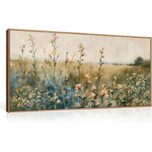 HLNIUC Vintage Watercolor Wildflower Landscape Horizontal Wall Art Framed, Large Retro Floral Wall Decor(20x40), Nature Wilderness Farmhouse Rustic Field Canva Painting for Living Room,Bedroom, Office