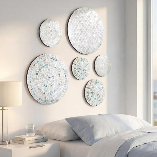Novabright 6 Pcs Shell Wall Decor 11.8 Inches Natural Mother of Pearl Shell Plate Coastal Wall Art Mosaic Sculpture Handmade Hanging Plates Arts for Bedroom Bathroom Home Office Hotel
