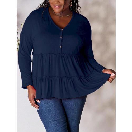 SIZE XLWomen's Casual Blouse Ruffle Layered Half Button Blouse Top Charcoal Lightweight Knit Fabric Long Sleeve Button-Front