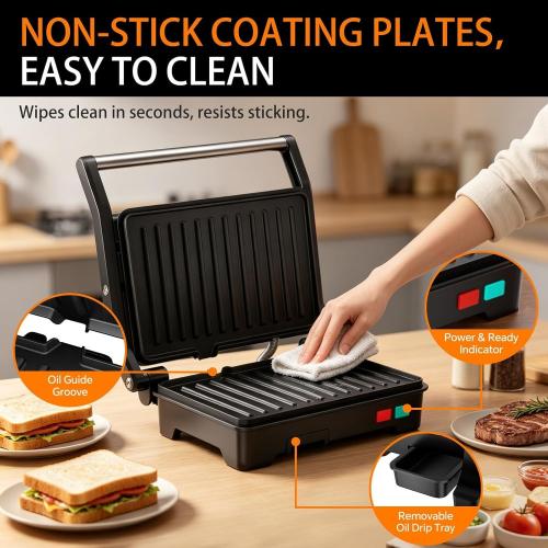Panini Press Grill, Sandwich Maker with Non-Stick Coated Plates & Removable Drip Tray, 3-in-1 Electric Sandwich Press Opens 180° Flat, Stainless Steel Exterior with Overheat Protection,1000W, Black