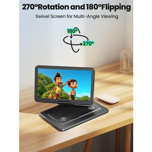 Arafuna 18 Portable DVD Player with with 5-Hour Rechargeable, 16 HD Swivel Screen with Dual Stereo Speakers, Support USB/SD/Sync TV, Regions Free